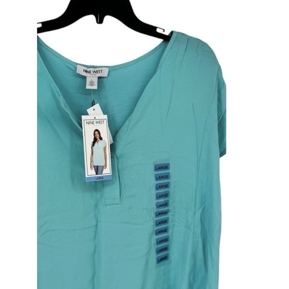 Nine West Summer Top Womens Angel Blue Split V-Neck Shirt - Size S